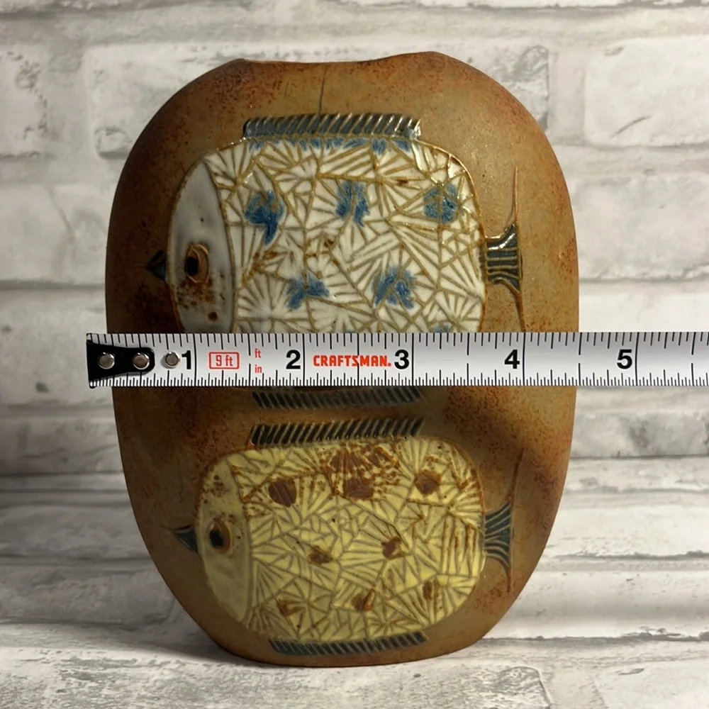 Vintage Counterpoint rustic glazed fish pottery vase San Francisco Takahashi